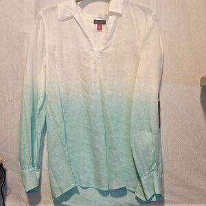 Vince Camuto long sleeve,  linen blouse, top. Xs. Auqa,  white. Button sleeve
